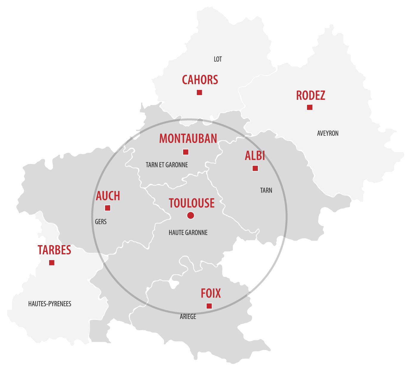 Carte de la zone d'intervention de MPYBS autour de Toulouse, de Montauban à Foix et d'Auch à Albi