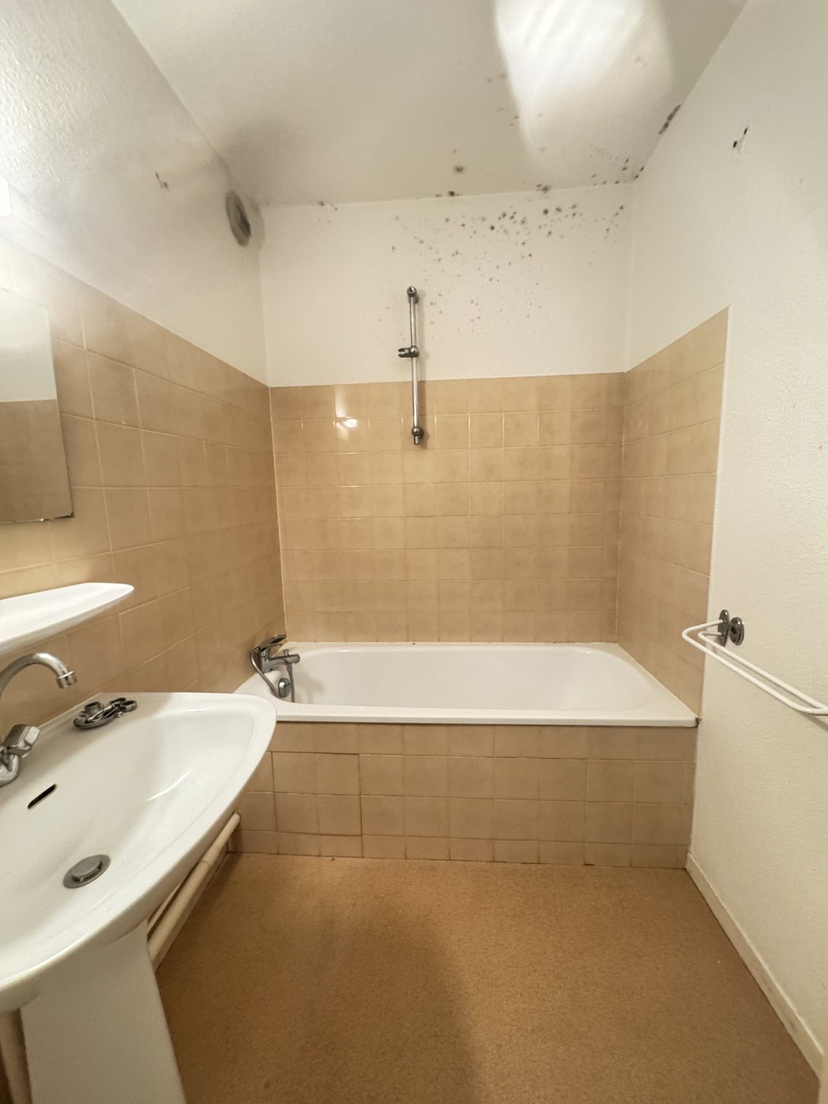 Salle de bains ancienne marquée par l'humidité avant travaux à Blagnac