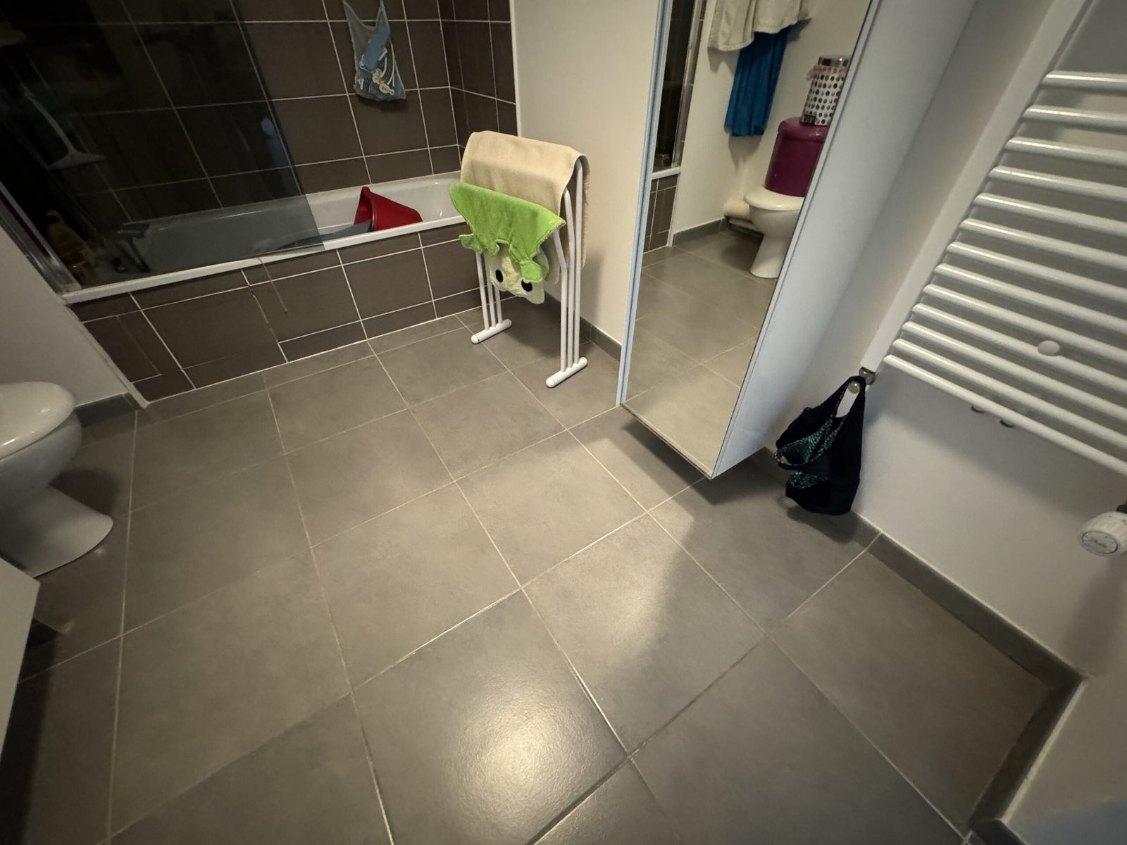 Salle de bains avec son carrelage au sol d'origine avant travaux à Saint-Orens-de-Gameville