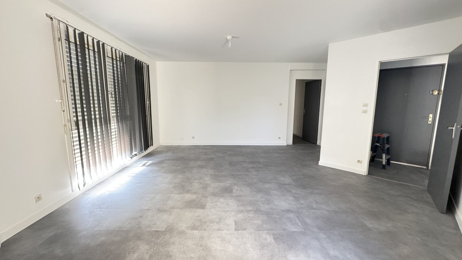 Séjour entièrement rénové, sol vinyle gris et murs blancs, après travaux à Blagnac